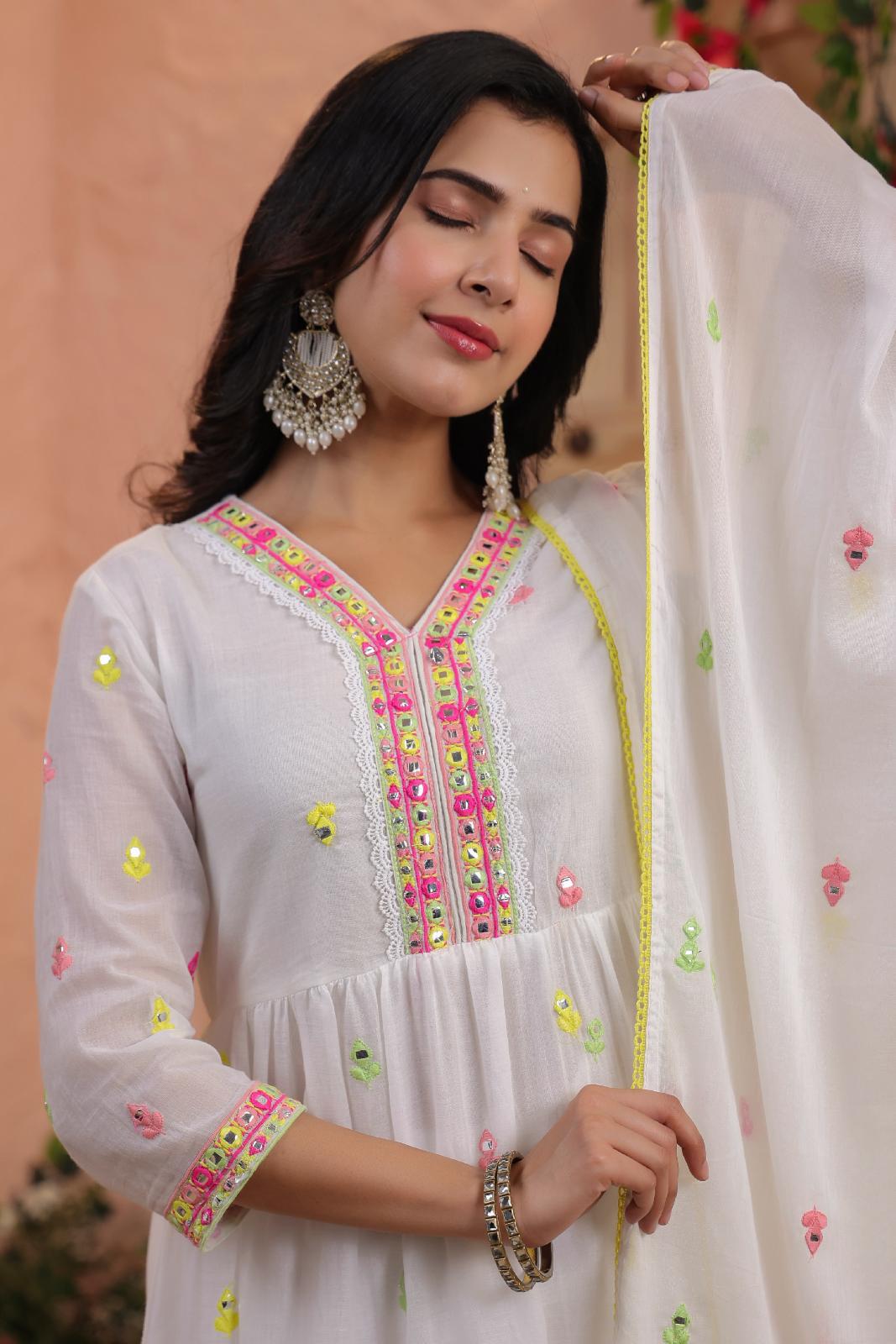 White Mulmul Mirror And Sequin Embroidered Peplum Kurta Sharara And Dupatta Se