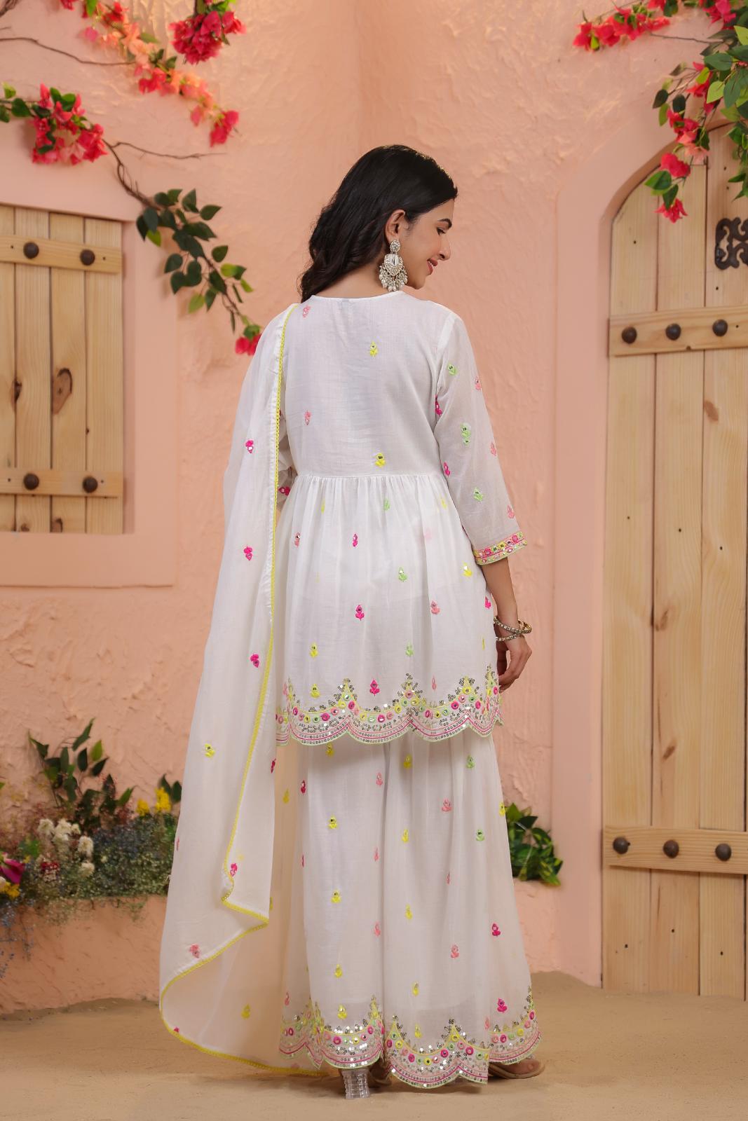 White Mulmul Mirror And Sequin Embroidered Peplum Kurta Sharara And Dupatta Se