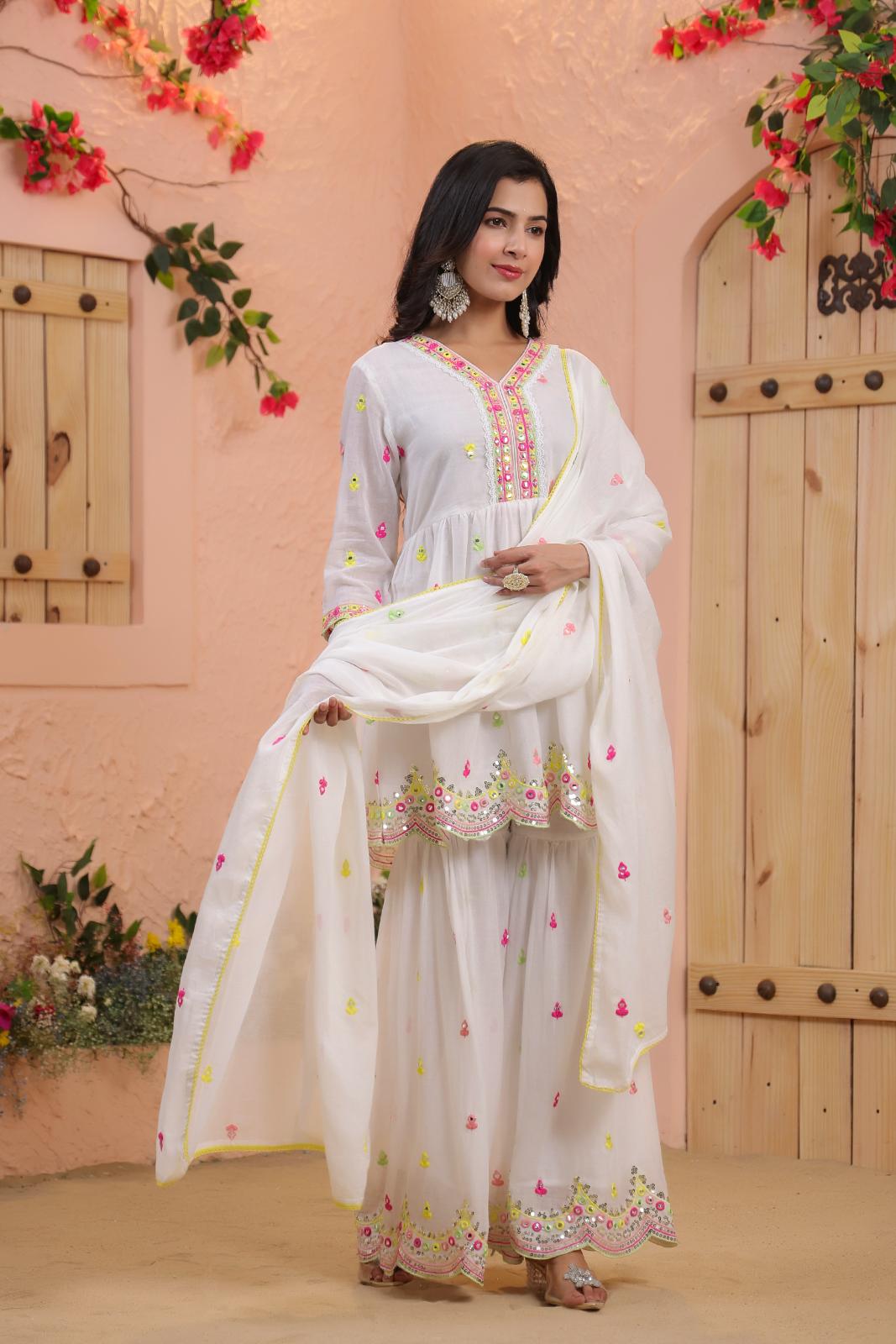 White Mulmul Mirror And Sequin Embroidered Peplum Kurta Sharara And Dupatta Se