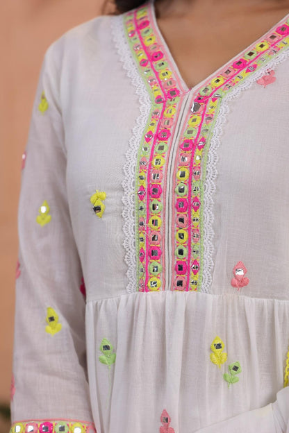 White Mulmul Mirror And Sequin Embroidered Peplum Kurta Sharara And Dupatta Se