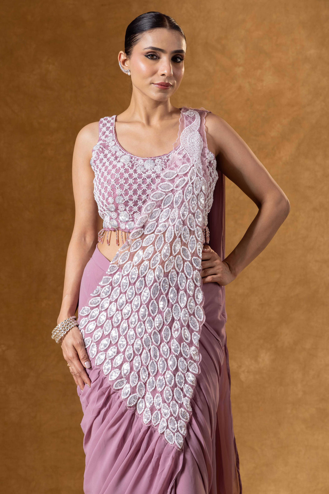 Soft Mauve Hand Embellished Saree
