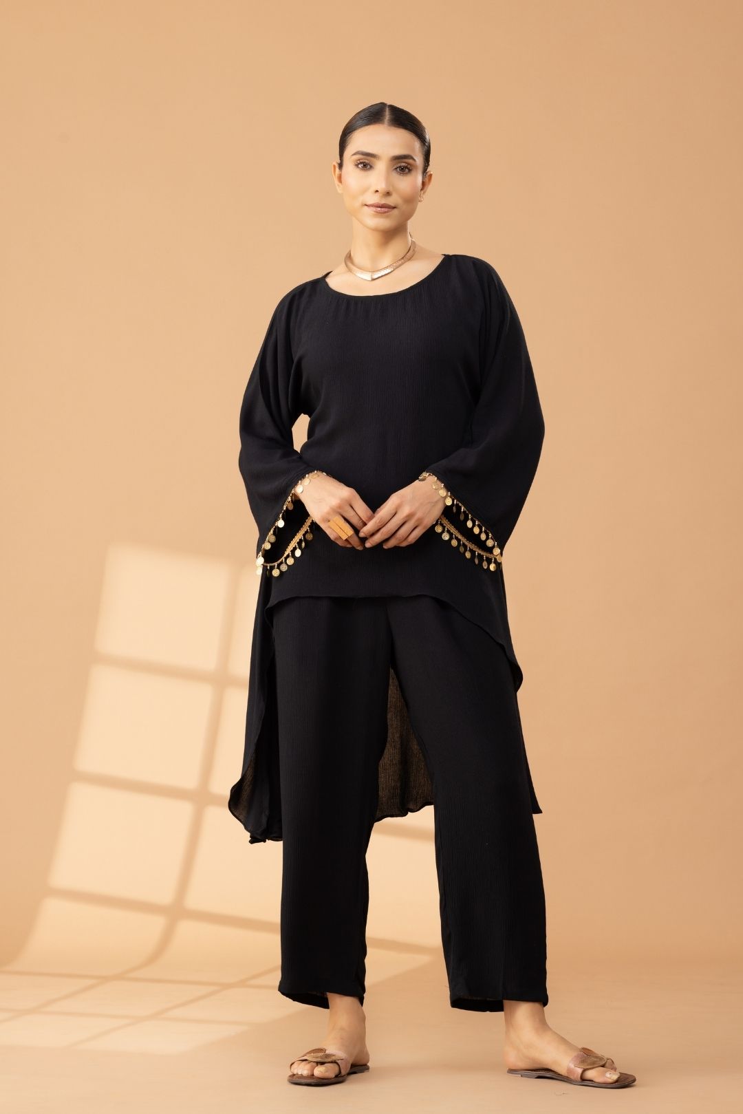 Black Asymmetric Cotton Tunic With Pants