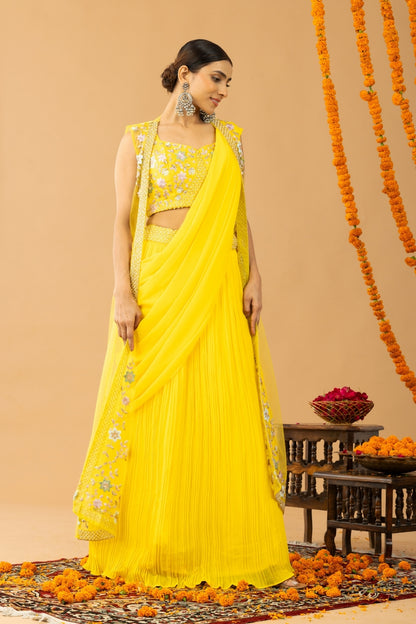 Mustard Yellow Georgette Draped Jacket Saree Set