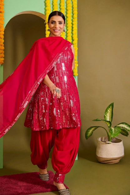 Magenta Resham Embroidered Dhoti Suit Set