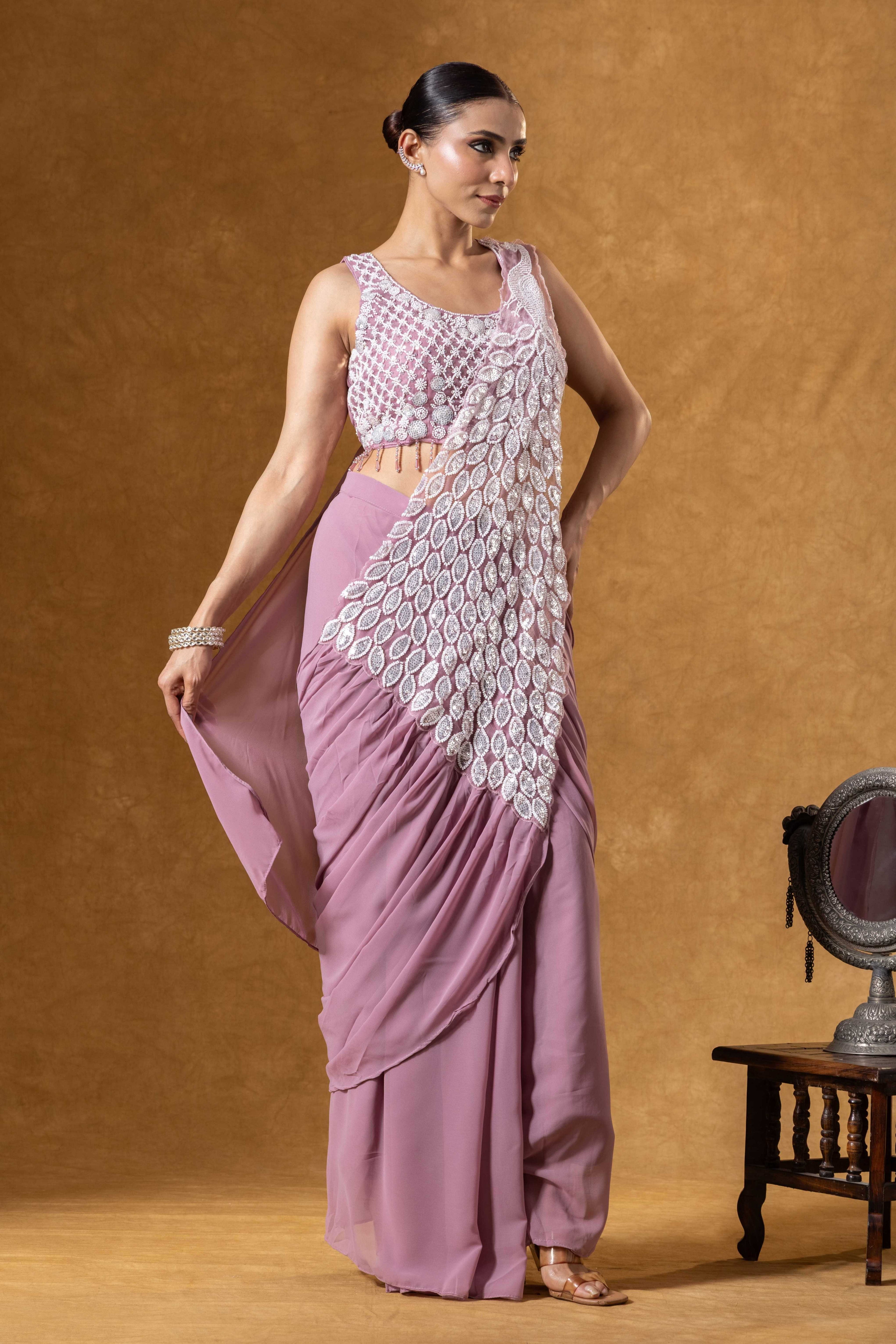 Soft Mauve Hand Embellished Saree