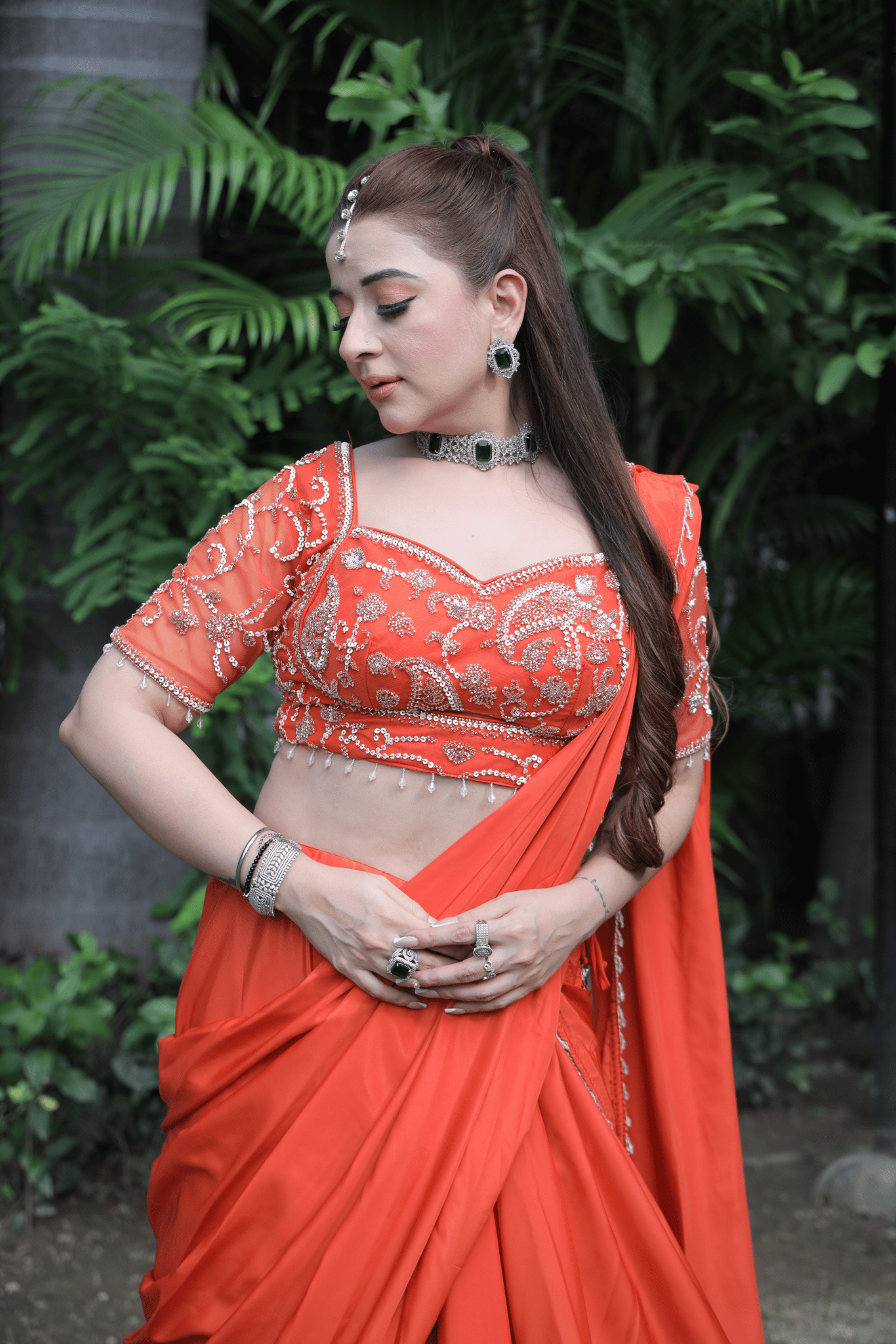 Orange Moti Work Pre-Drape Saree