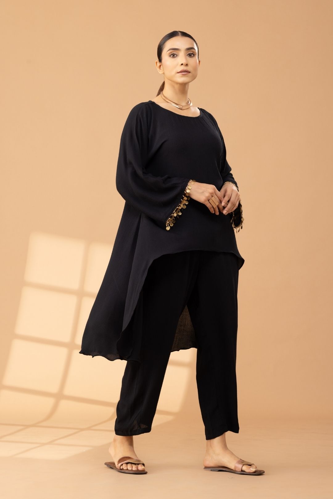 Black Asymmetric Cotton Tunic With Pants