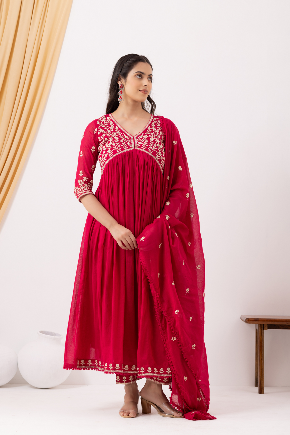 Mulmul Cotton Pink Anarkali Kurta with Pant &amp; Dupatta