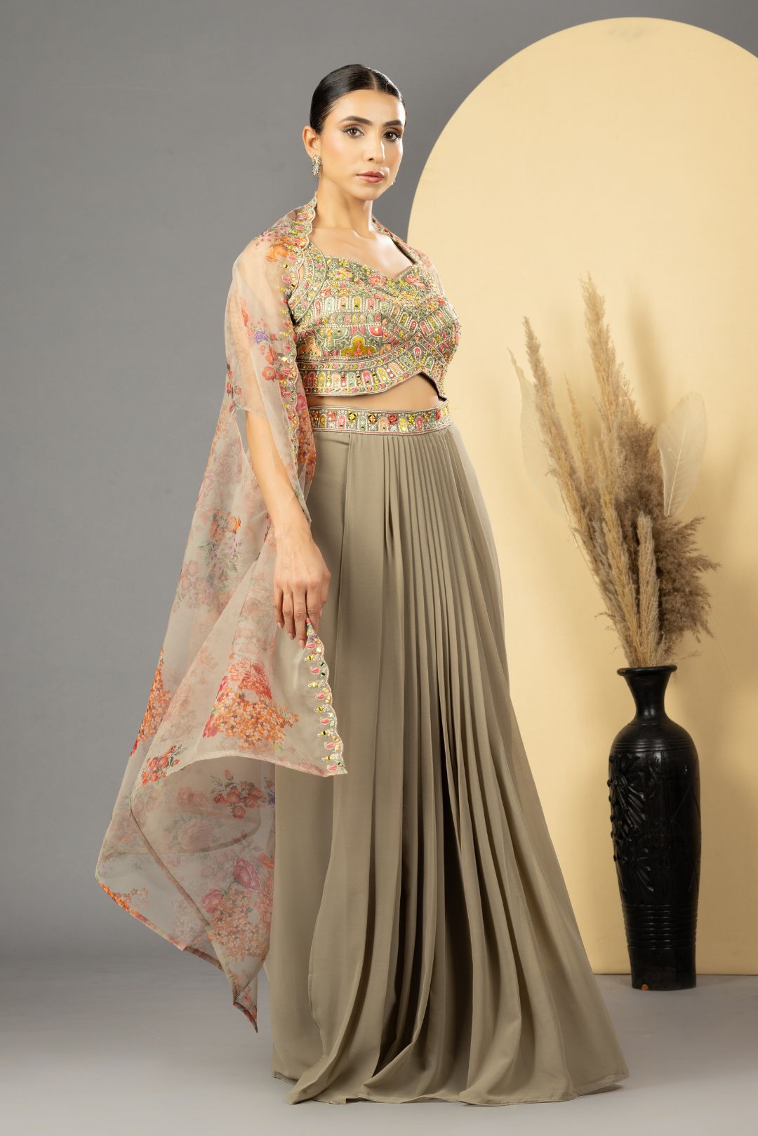 Earthy Grey Drape Skirt , Choli &amp; Cape Set