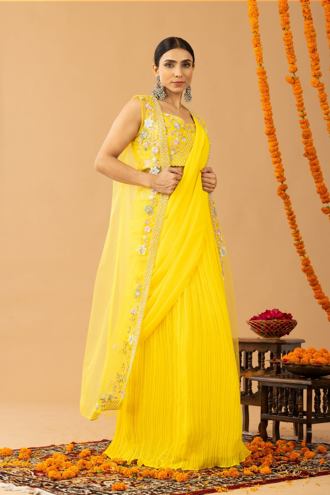 Mustard Yellow Georgette Draped Jacket Saree Set