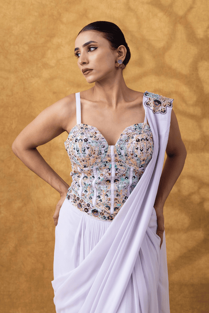 Lilac Embellished Corset Drape Saree