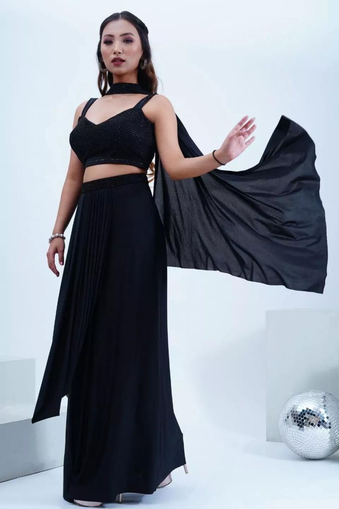 Satin Black Drape Skirt With Swarovski Work Blouse &amp; Choker Dupatta