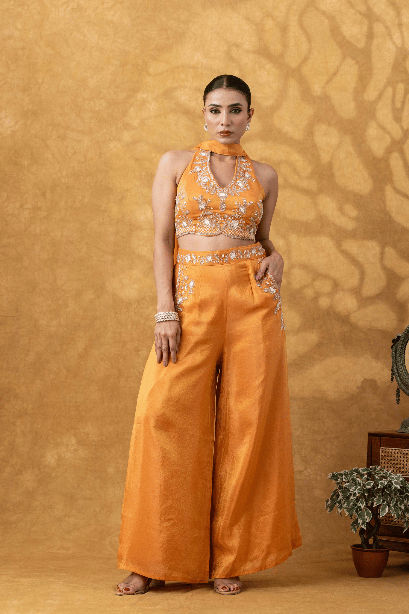 Orange Halter Embroidered Sharara Set