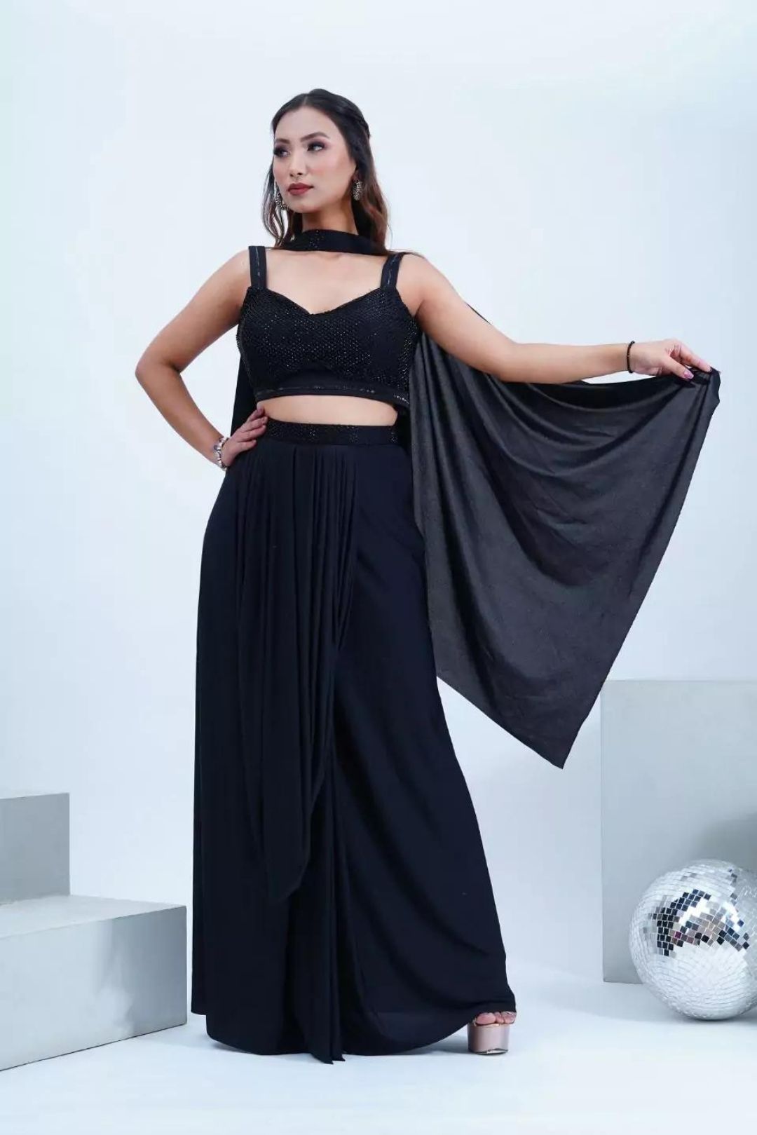 Satin Black Drape Skirt With Swarovski Work Blouse &amp; Choker Dupatta