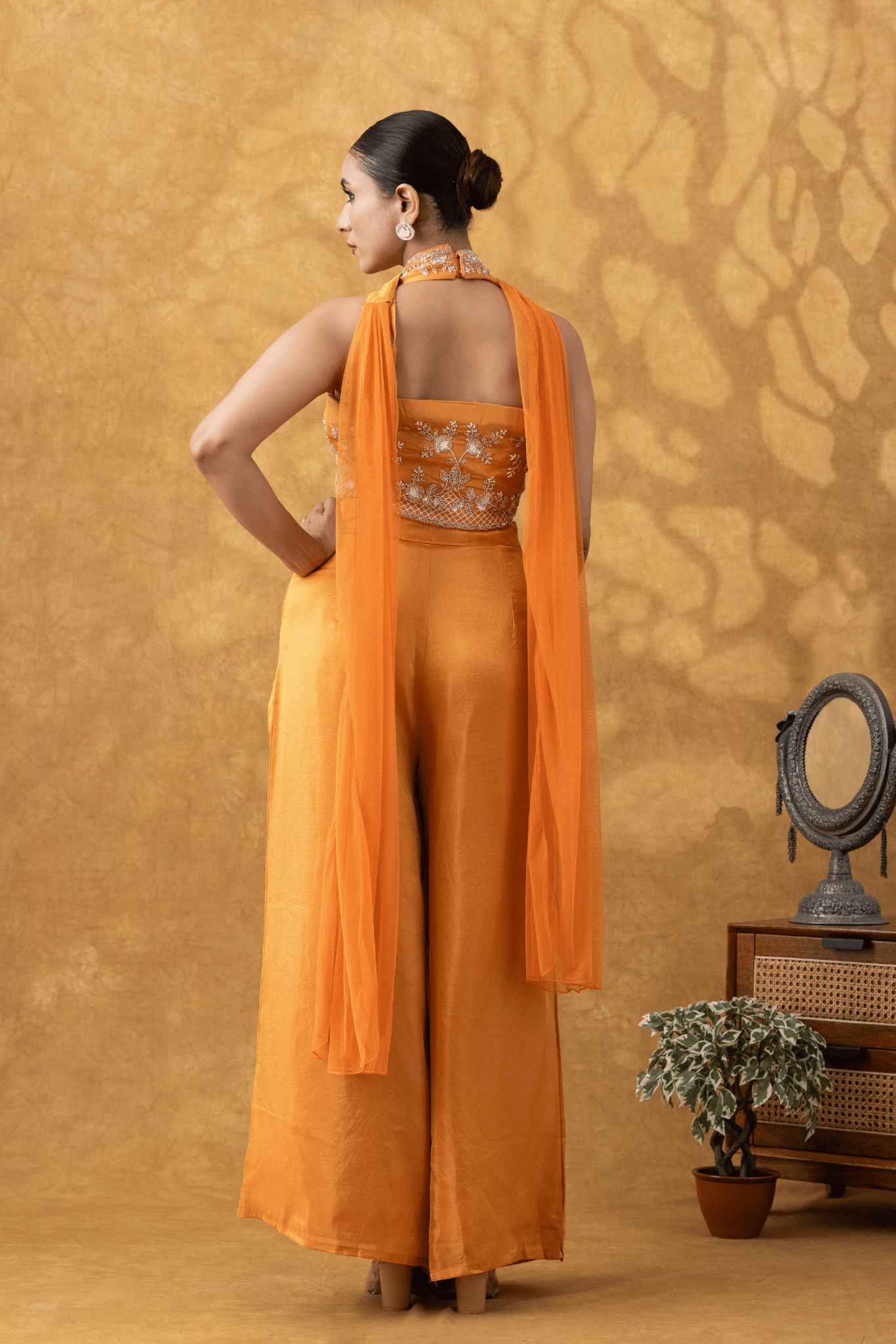 Orange Halter Embroidered Sharara Set