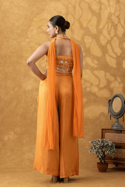 Orange Halter Embroidered Sharara Set