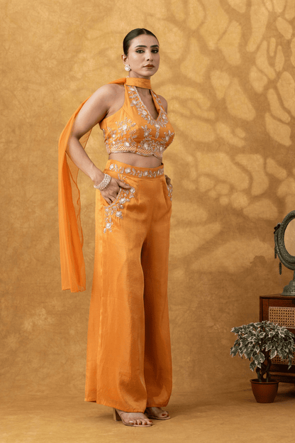 Orange Halter Embroidered Sharara Set