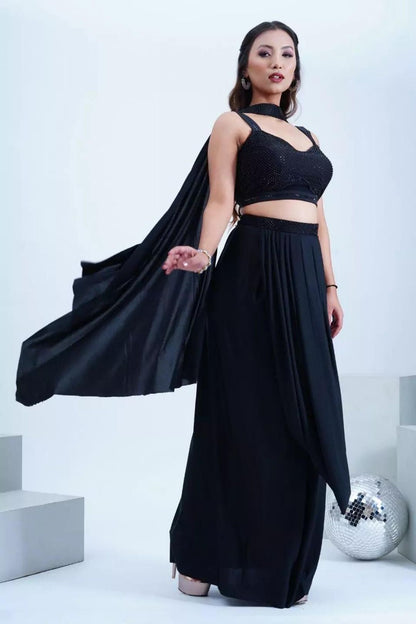 Satin Black Drape Skirt With Swarovski Work Blouse &amp; Choker Dupatta