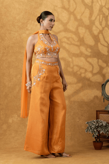Orange Halter Embroidered Sharara Set