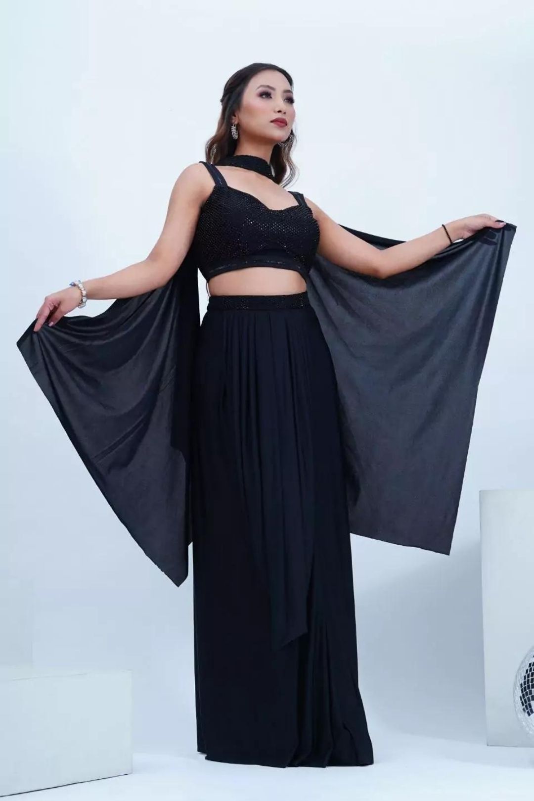 Satin Black Drape Skirt With Swarovski Work Blouse &amp; Choker Dupatta