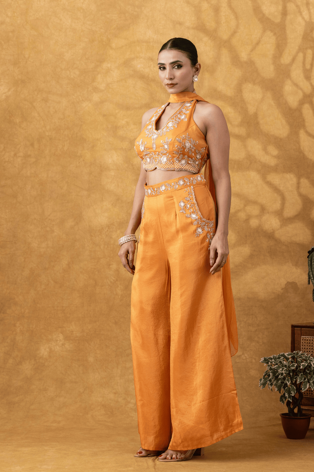 Orange Halter Embroidered Sharara Set