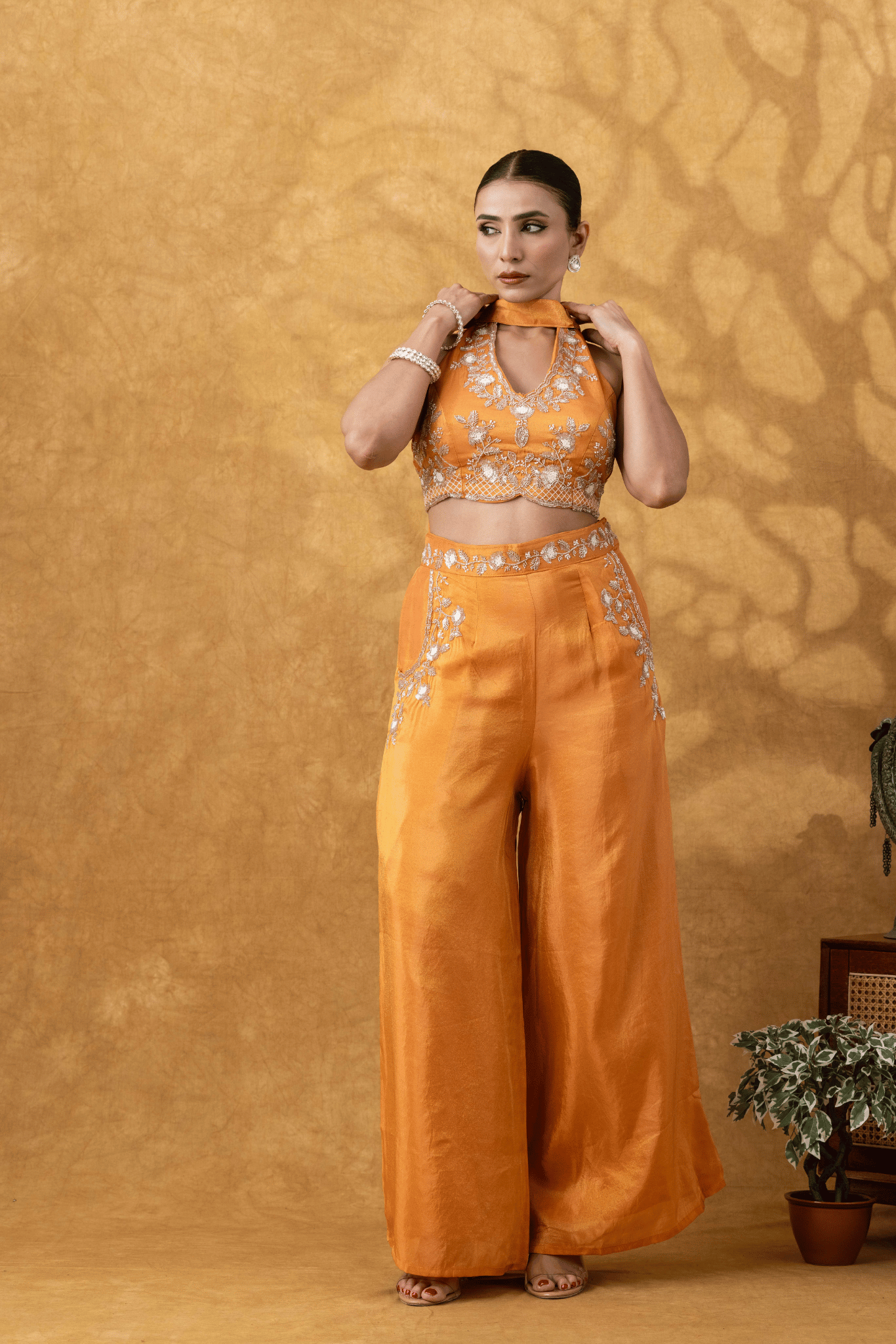 Orange Halter Embroidered Sharara Set