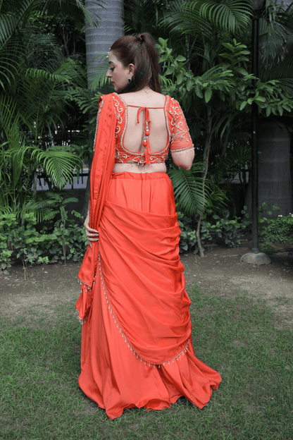 Orange Moti Work Pre-Drape Saree