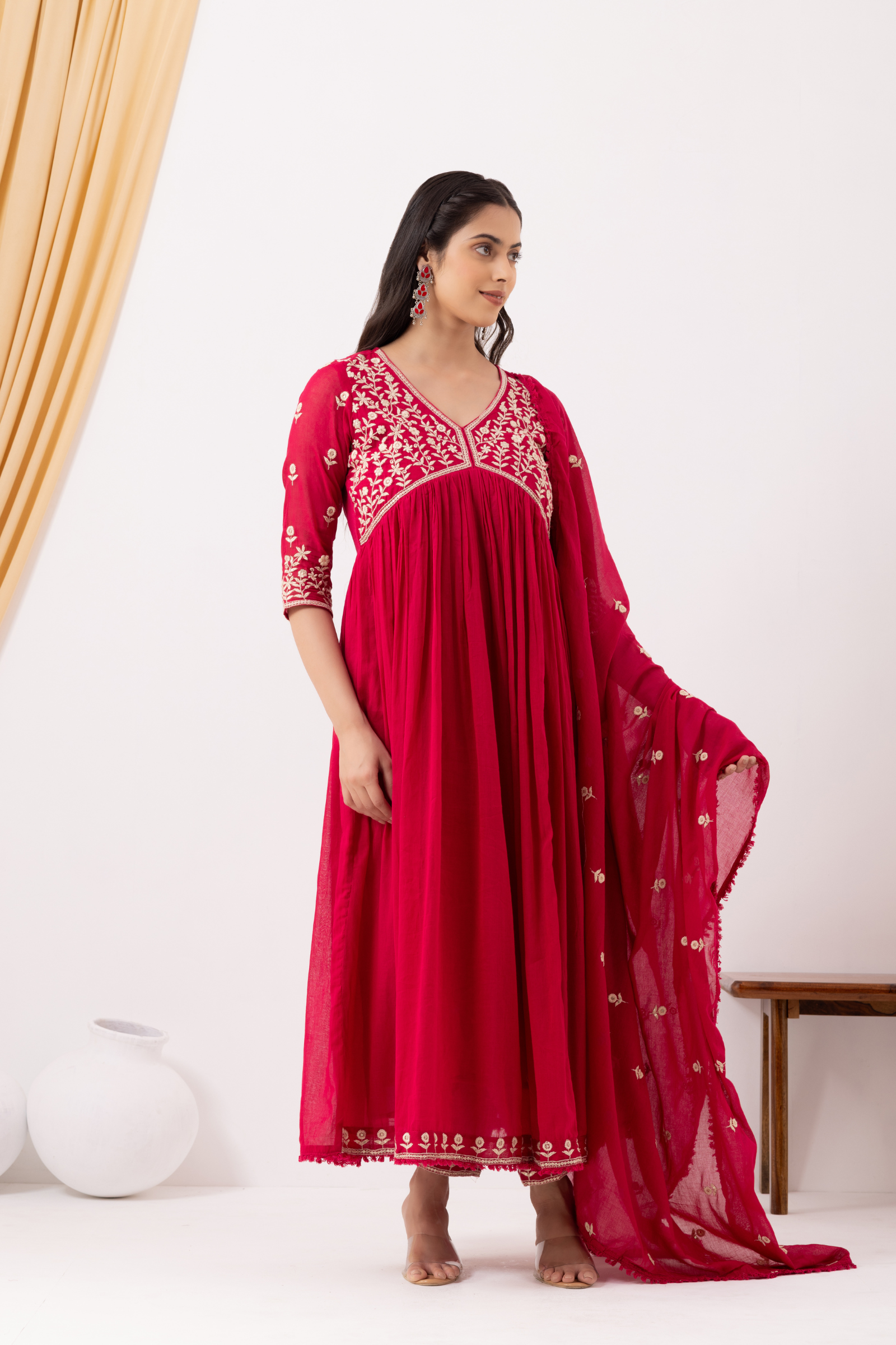 Mulmul Cotton Pink Anarkali Kurta with Pant &amp; Dupatta