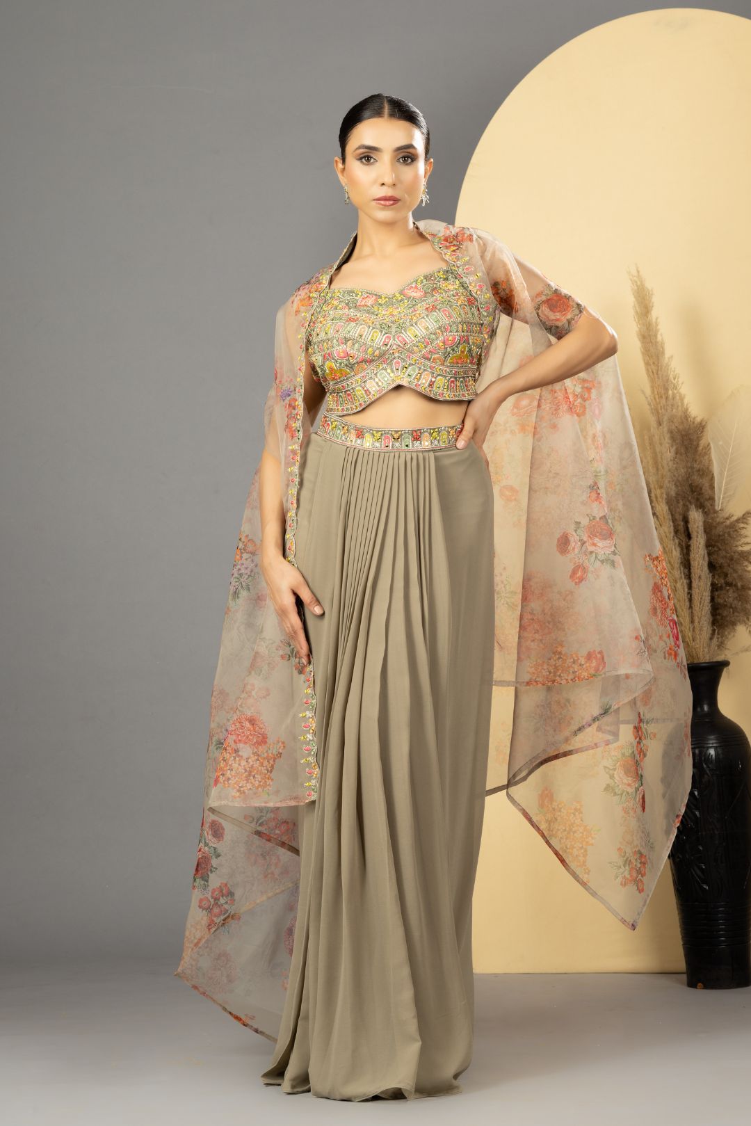 Earthy Grey Drape Skirt , Choli & Cape Set