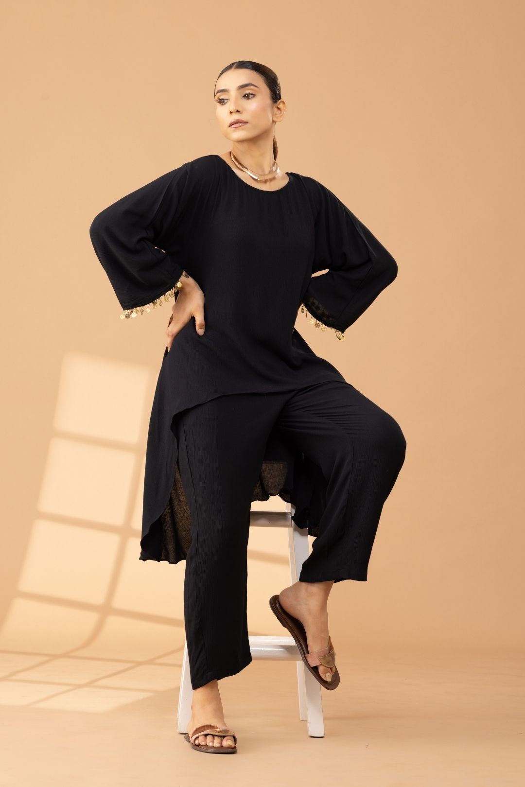 Black Asymmetric Cotton Tunic With Pants