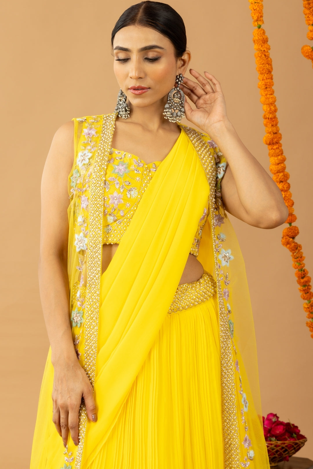 Mustard Yellow Georgette Draped Jacket Saree Set