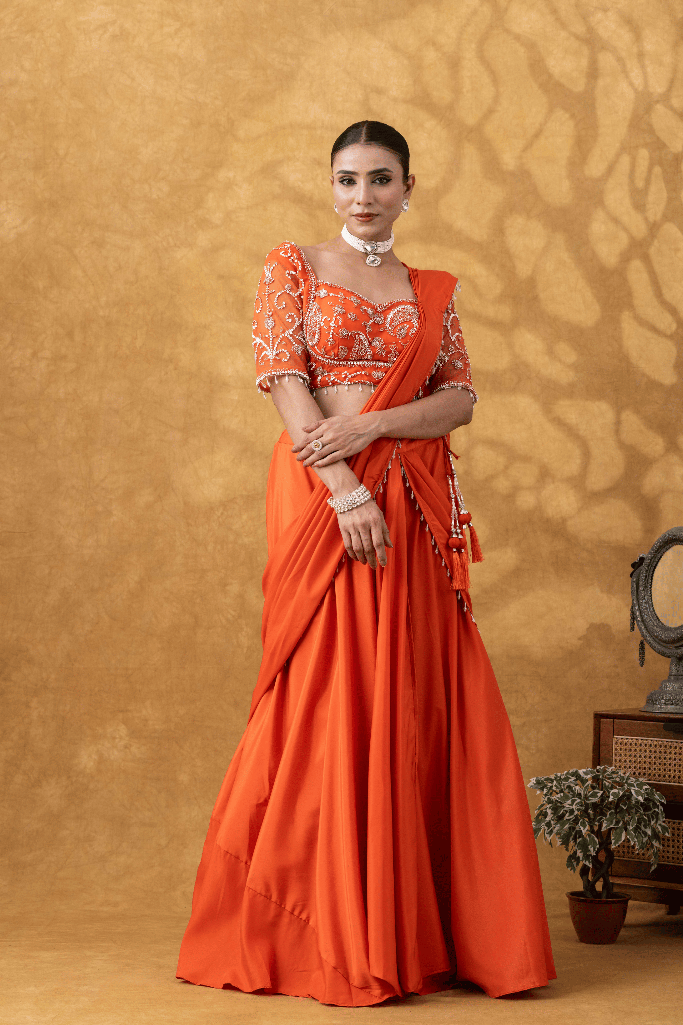 Orange Moti Work Pre-Drape Saree