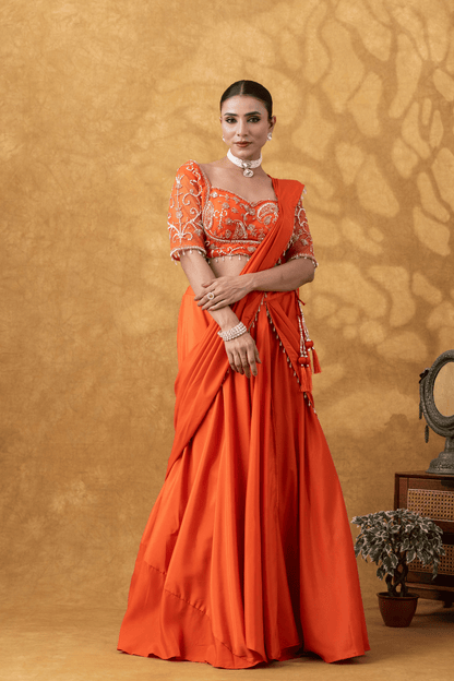 Orange Moti Work Pre-Drape Saree