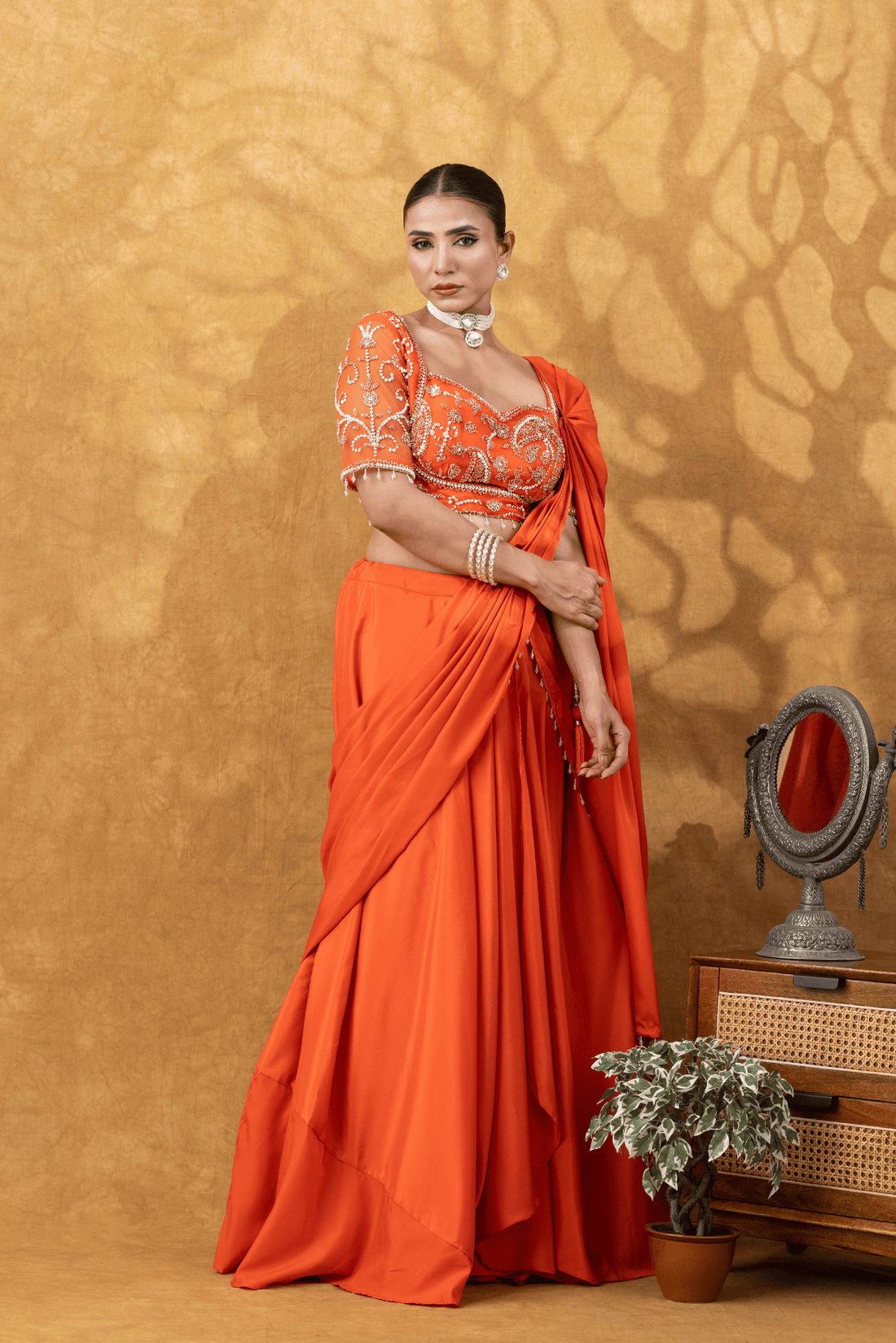 Orange Moti Work Pre-Drape Saree