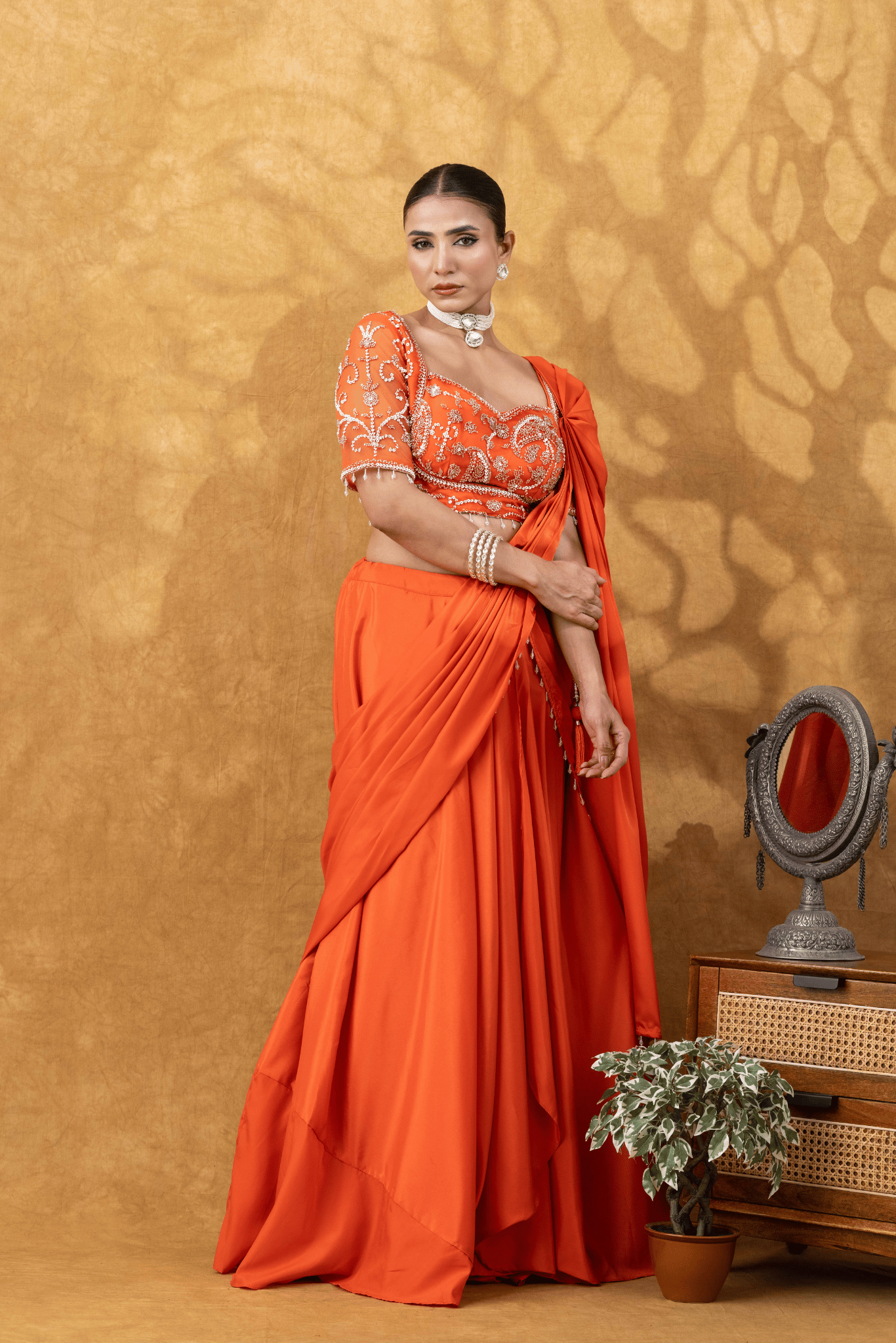 Orange Moti Work Pre-Drape Saree