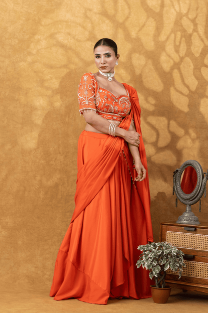 Orange Moti Work Pre-Drape Saree