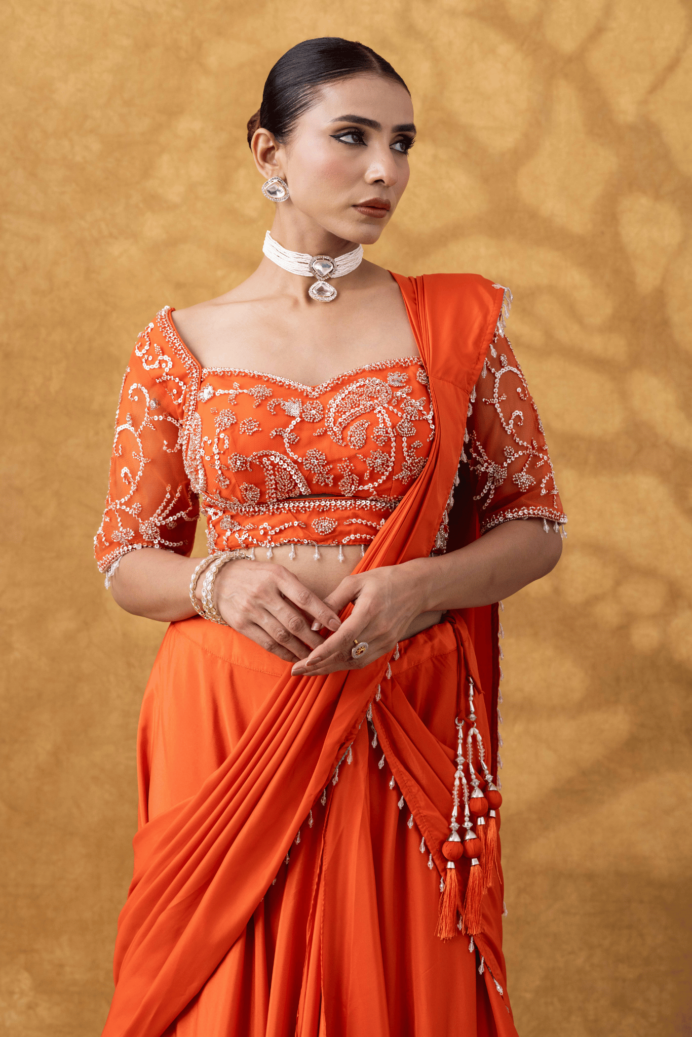 Orange Moti Work Pre-Drape Saree
