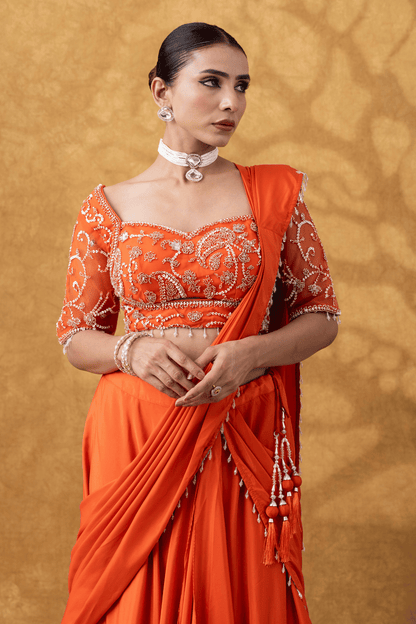 Orange Moti Work Pre-Drape Saree