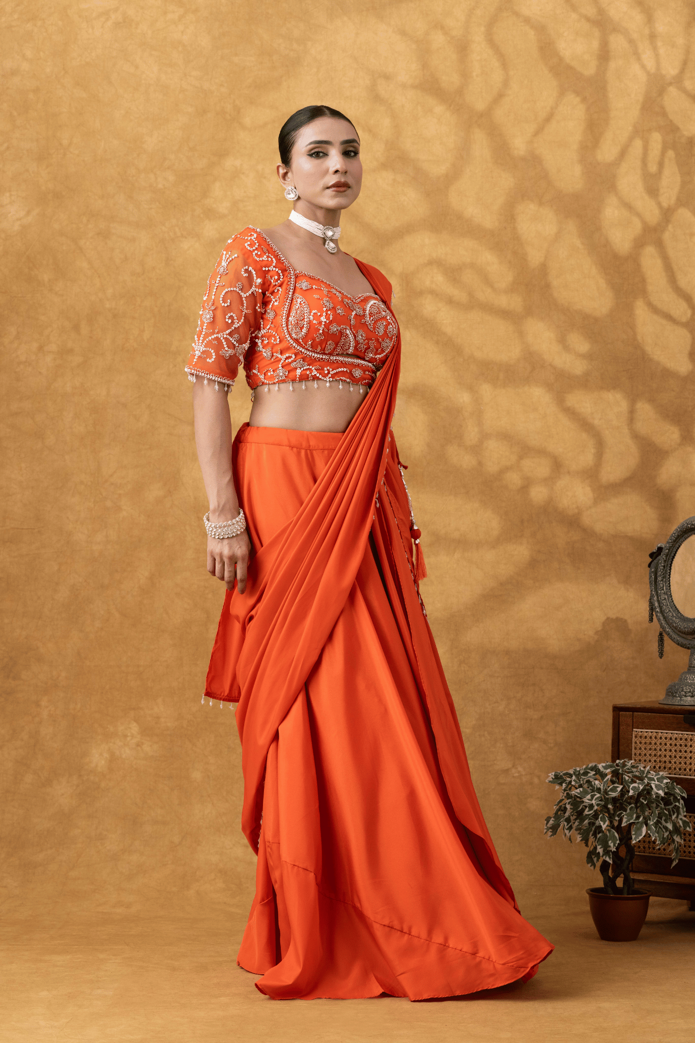 Orange Moti Work Pre-Drape Saree