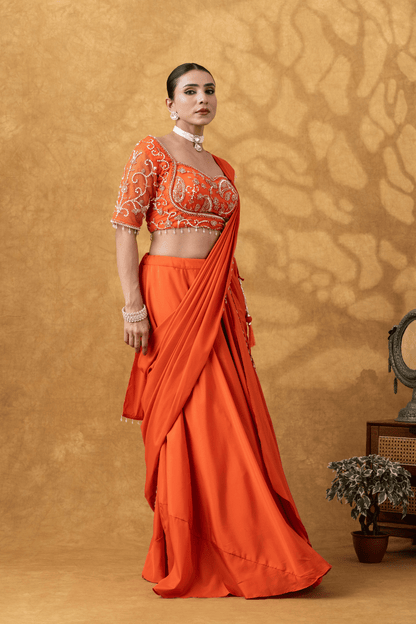 Orange Moti Work Pre-Drape Saree