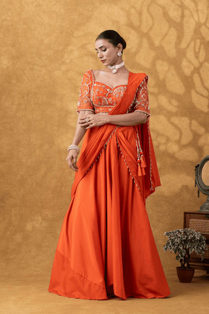Orange Moti Work Pre-Drape Saree