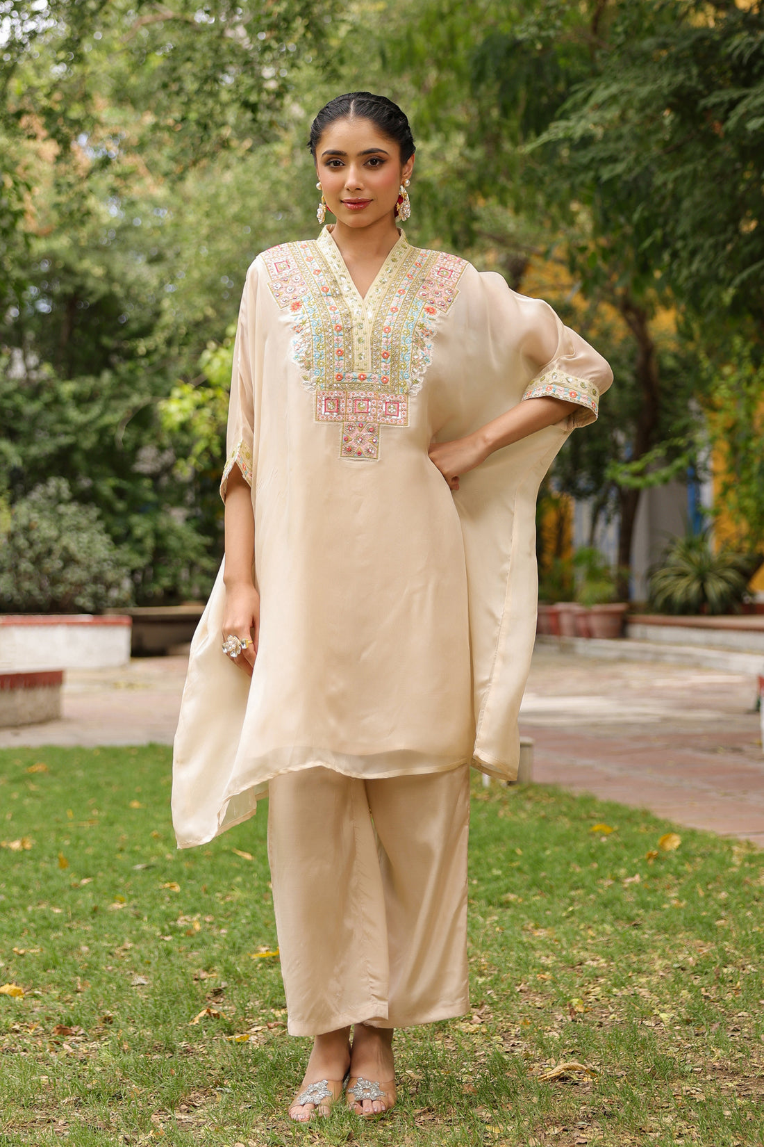 Beige Embroidered Kaftan &amp; Palazzo