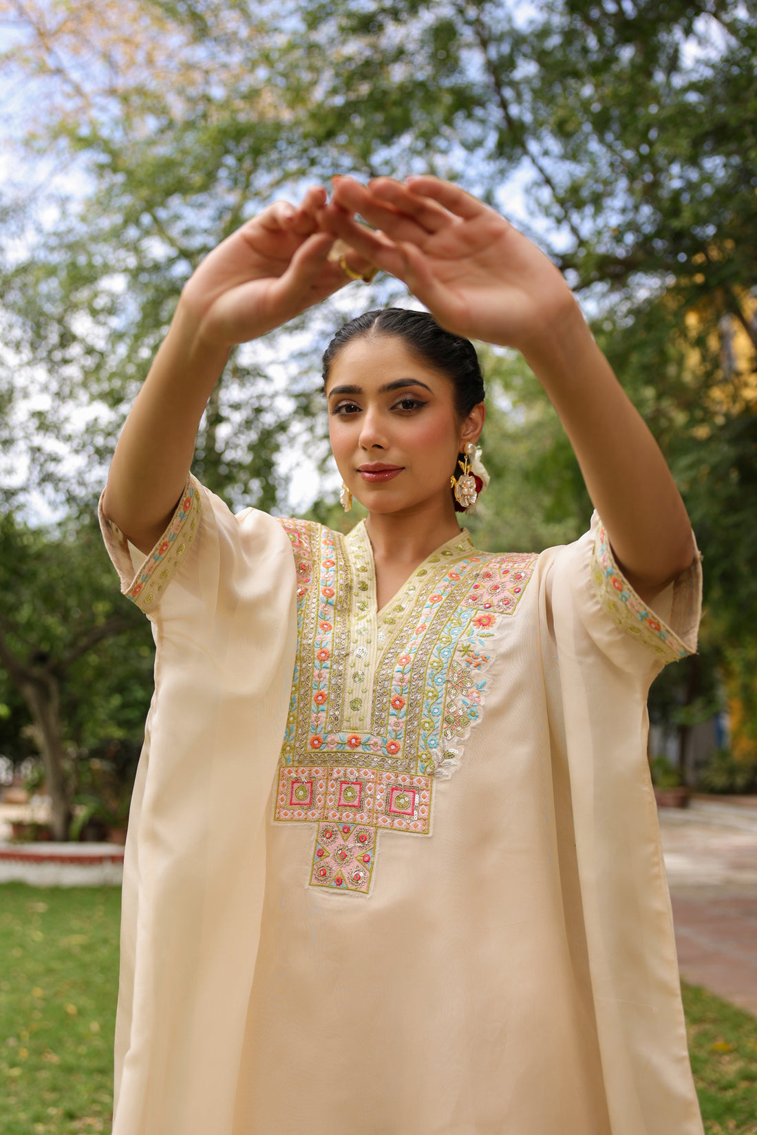 Beige Embroidered Kaftan &amp; Palazzo