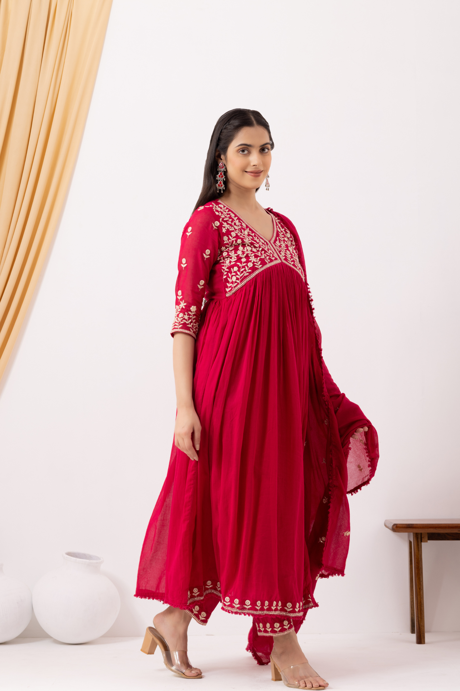 Mulmul Cotton Pink Anarkali Kurta with Pant &amp; Dupatta