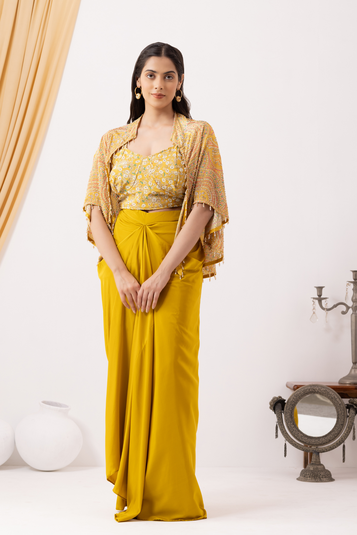 Yellow Indowestern Strappy Crop Top Draped Skirt with Cape Set