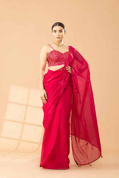 Cherry Shimmer Saree with Gold Tassels