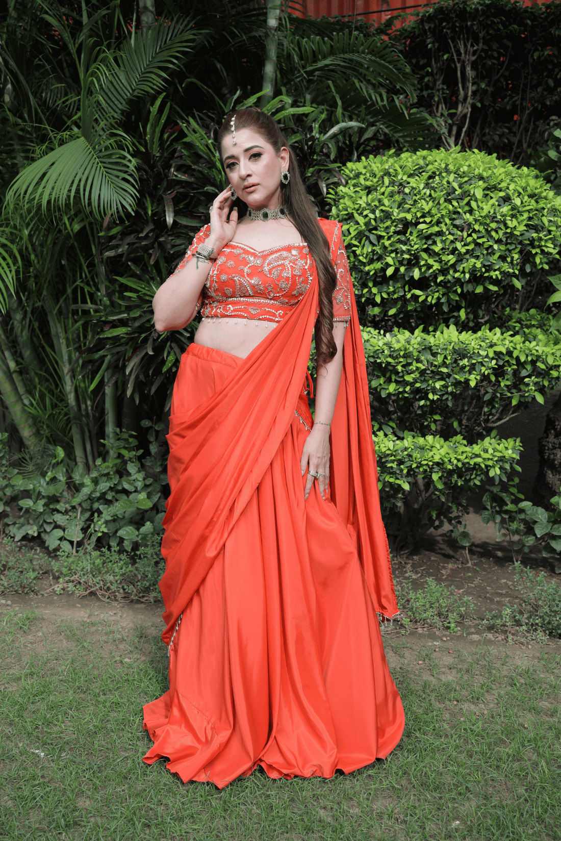 Orange Moti Work Pre-Drape Saree