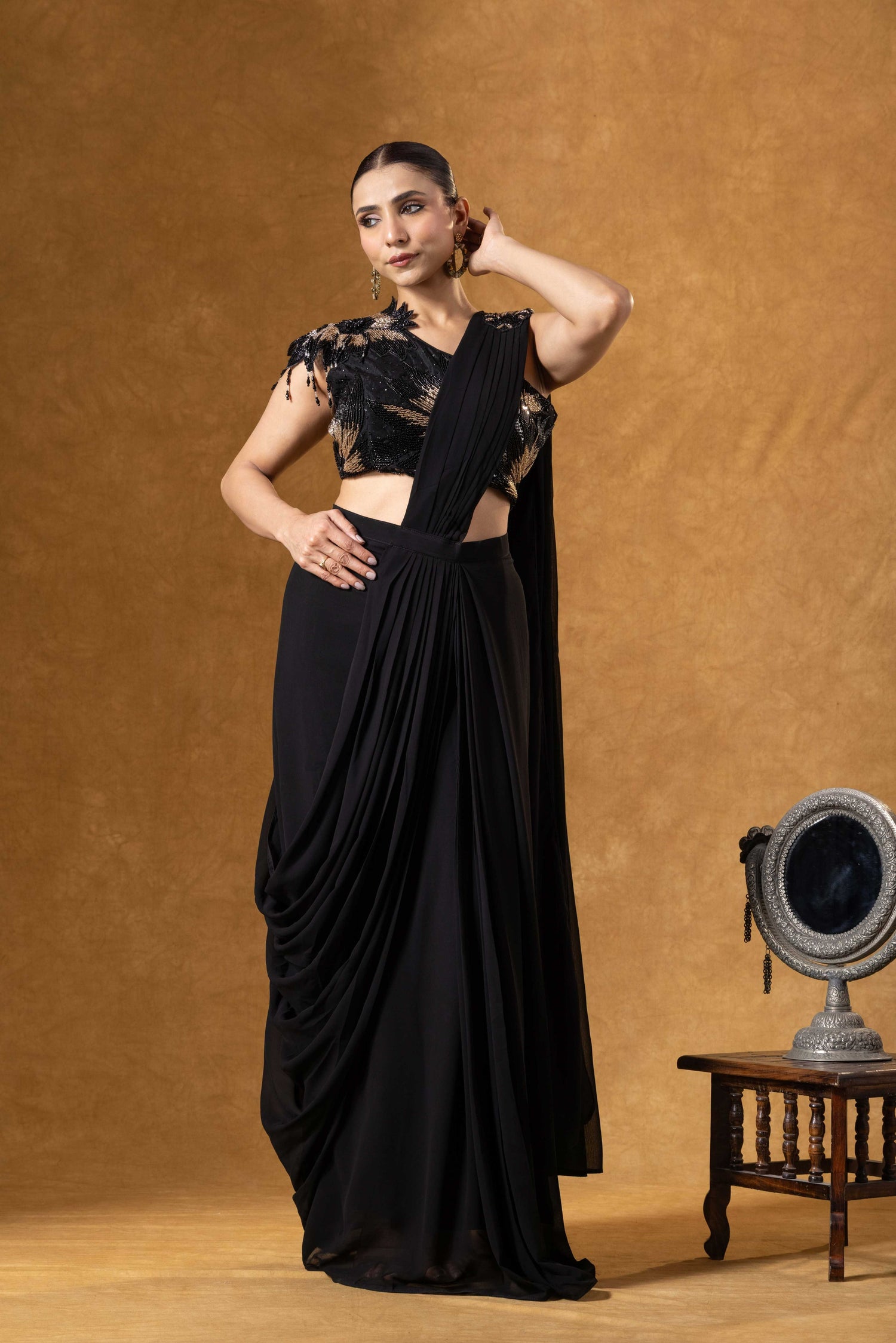 Noir Muse One-Shoulder Black Saree Ensemble