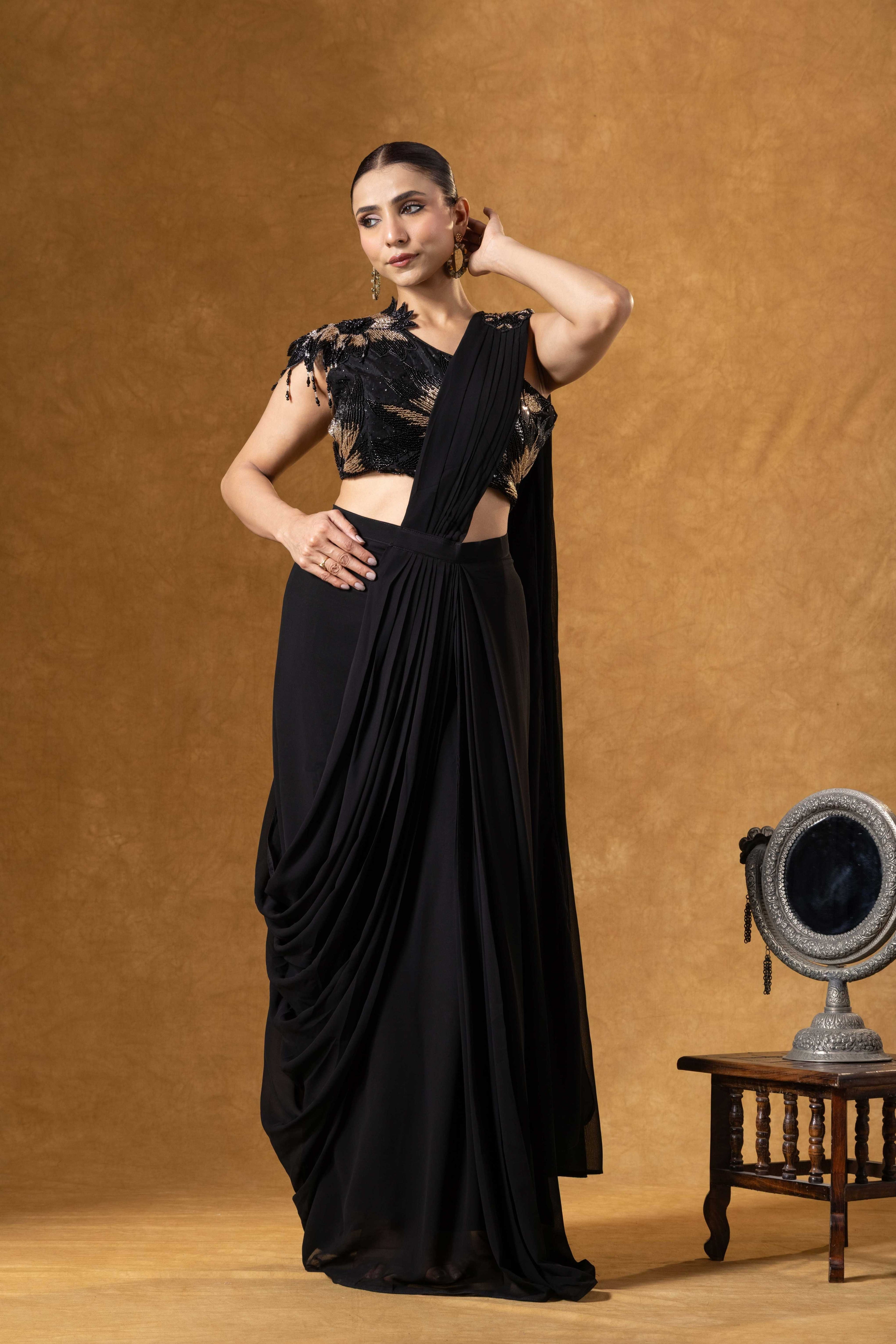 Noir Muse One-Shoulder Black Saree Ensemble