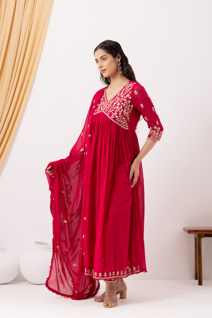 Mulmul Cotton Pink Anarkali Kurta with Pant &amp; Dupatta